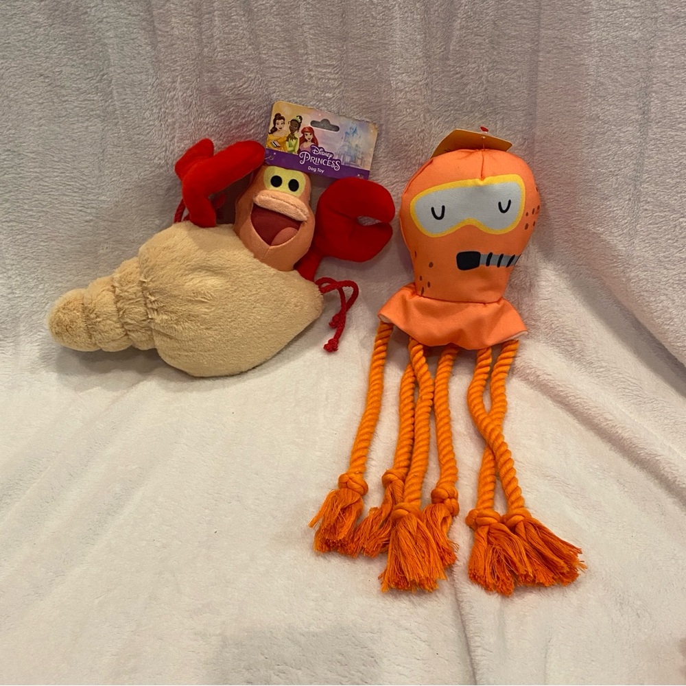 Bundle of 2 Dog Squeaky Tug Toys Disney Sebastian the Crab + Orange Octopus NWT